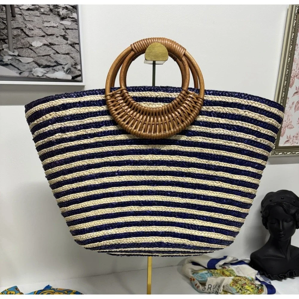 Striped Woven Straw Tote Bag Rattan Circle Handle Navy/Cream Inner Slip Pocket - Picture 2 of 4